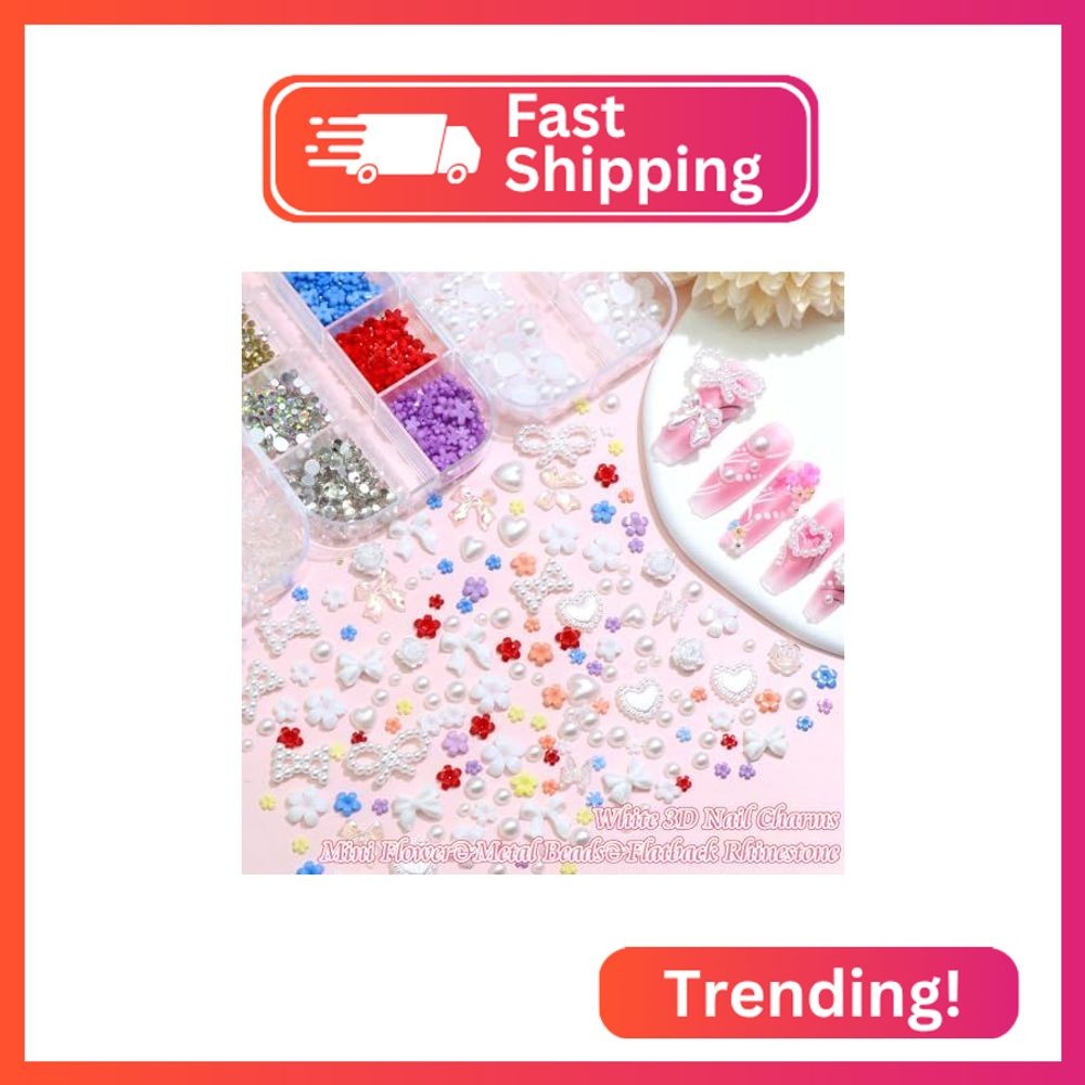 RODAKY Colorful Flower Nail Charms White Flatback Pearls Resin 3D Bow Heart Char