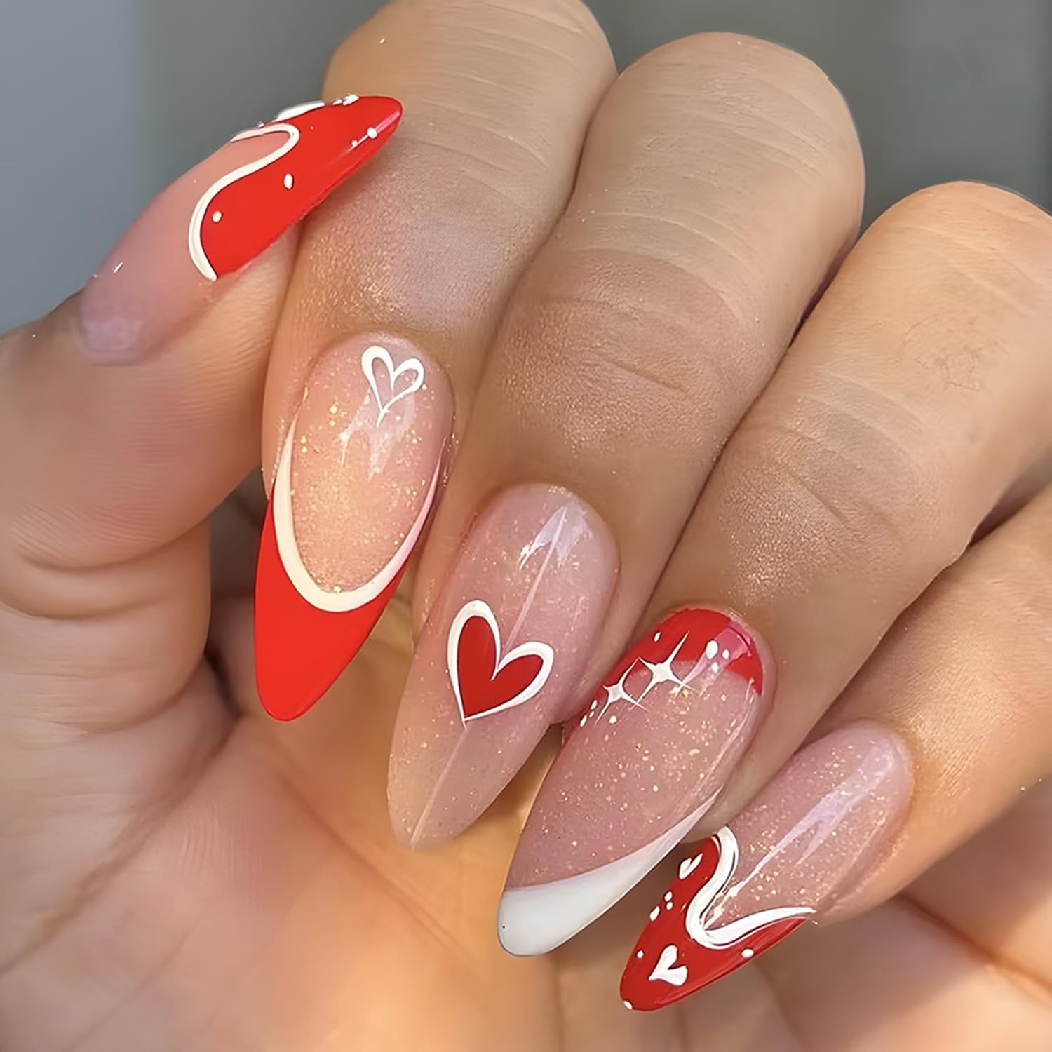 Valentine’s Day Press on Nails Almond Medium Fake Nails with Red Heart Glitte…