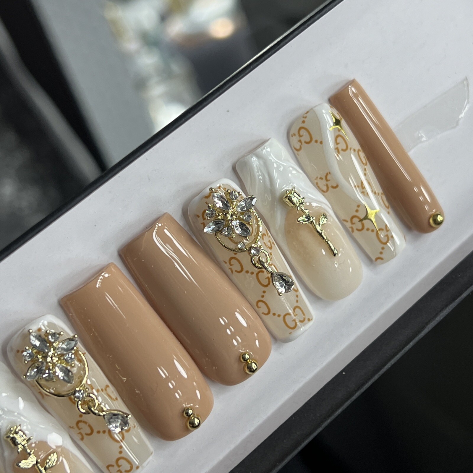 💎 CUSTOM Hard Gel Press On Nails, BLING NUDE , 10p FULL SET W Kit LONG SQUARE