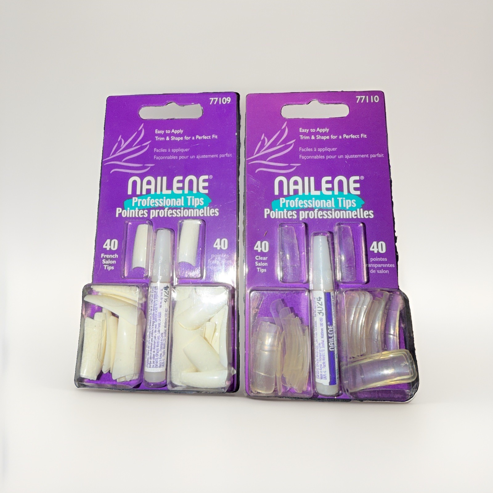 LOT of 2 NEW 40 Each NAILENE Professional Clear & White Salon Tips w/ Glue