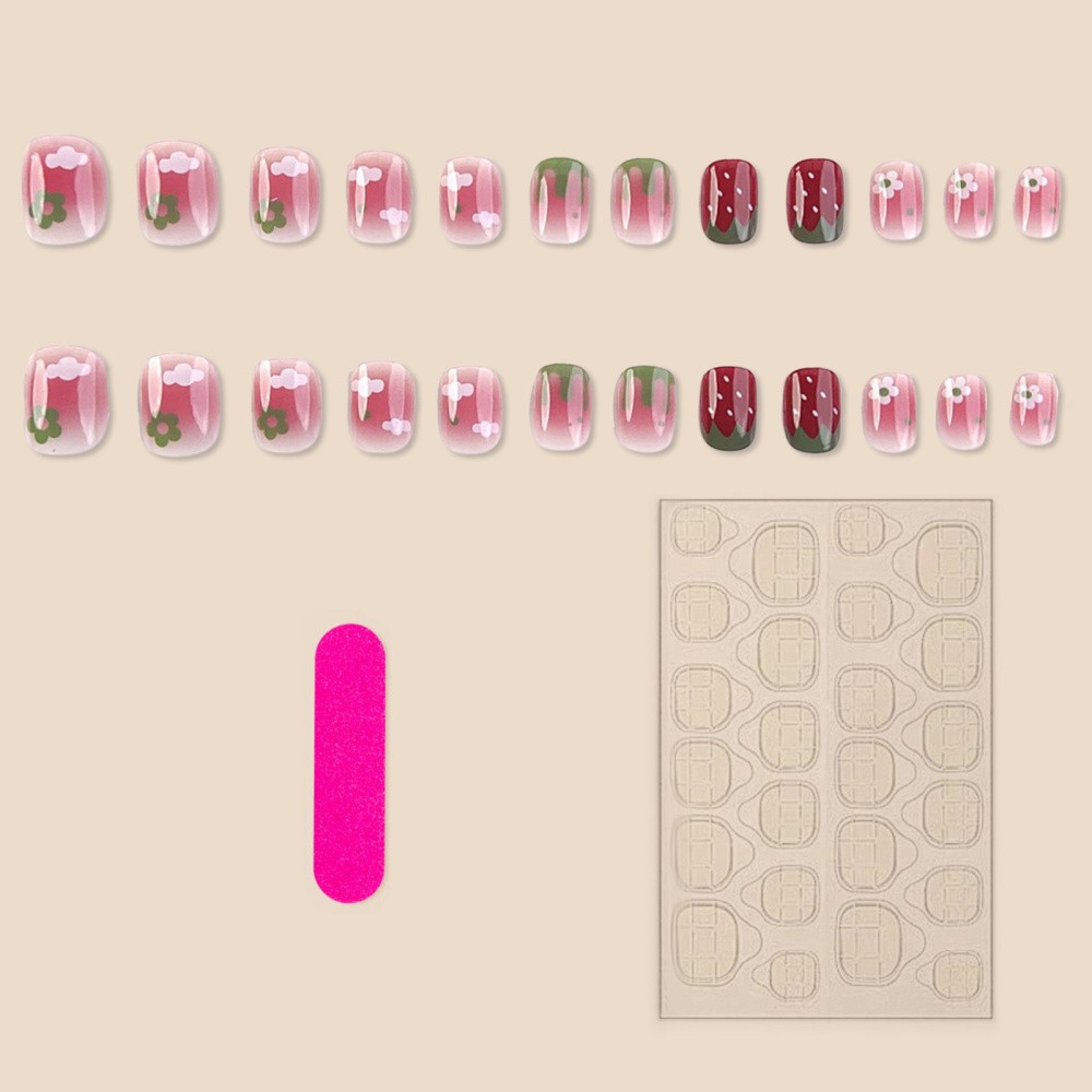 Blush Short Square False Nails Summer Theme Manicure Strawberry Printed Fake Nai