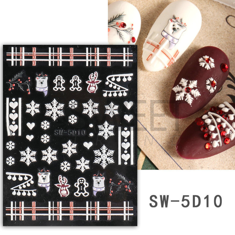 5D Embossed Pink Blue White Christmas Santa Heart Snowflake Nail Stickers Decals
