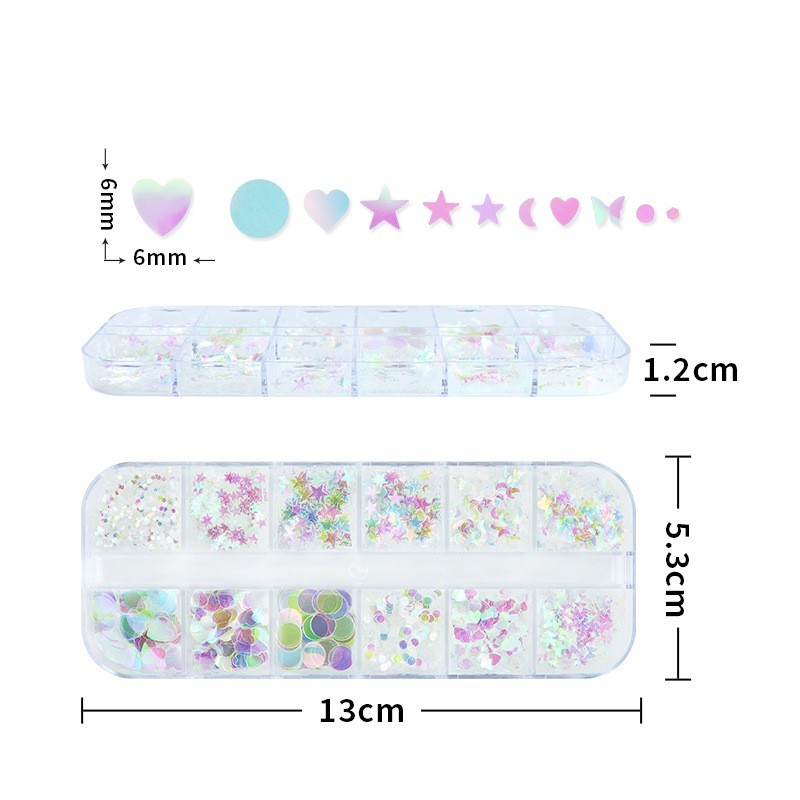 Glitter Nail Art Sequins 12 Grids Butterfly Star Heart Circle Shapes DIY Decor