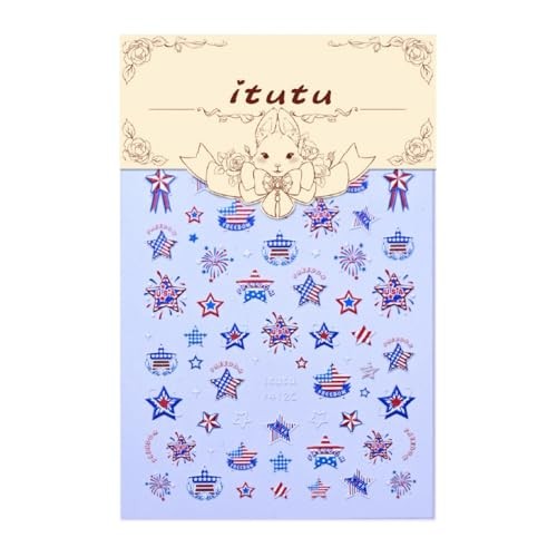 4th of July Nail Stickers 5D Embossed Star Decals Red White Blue Pattern27