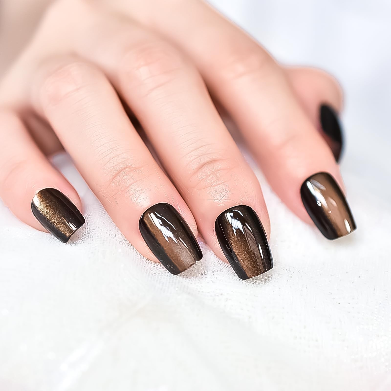 30pcs Glossy Black Brown Cat Eye Press On Nails Coffin Medium Length Nails Sa…