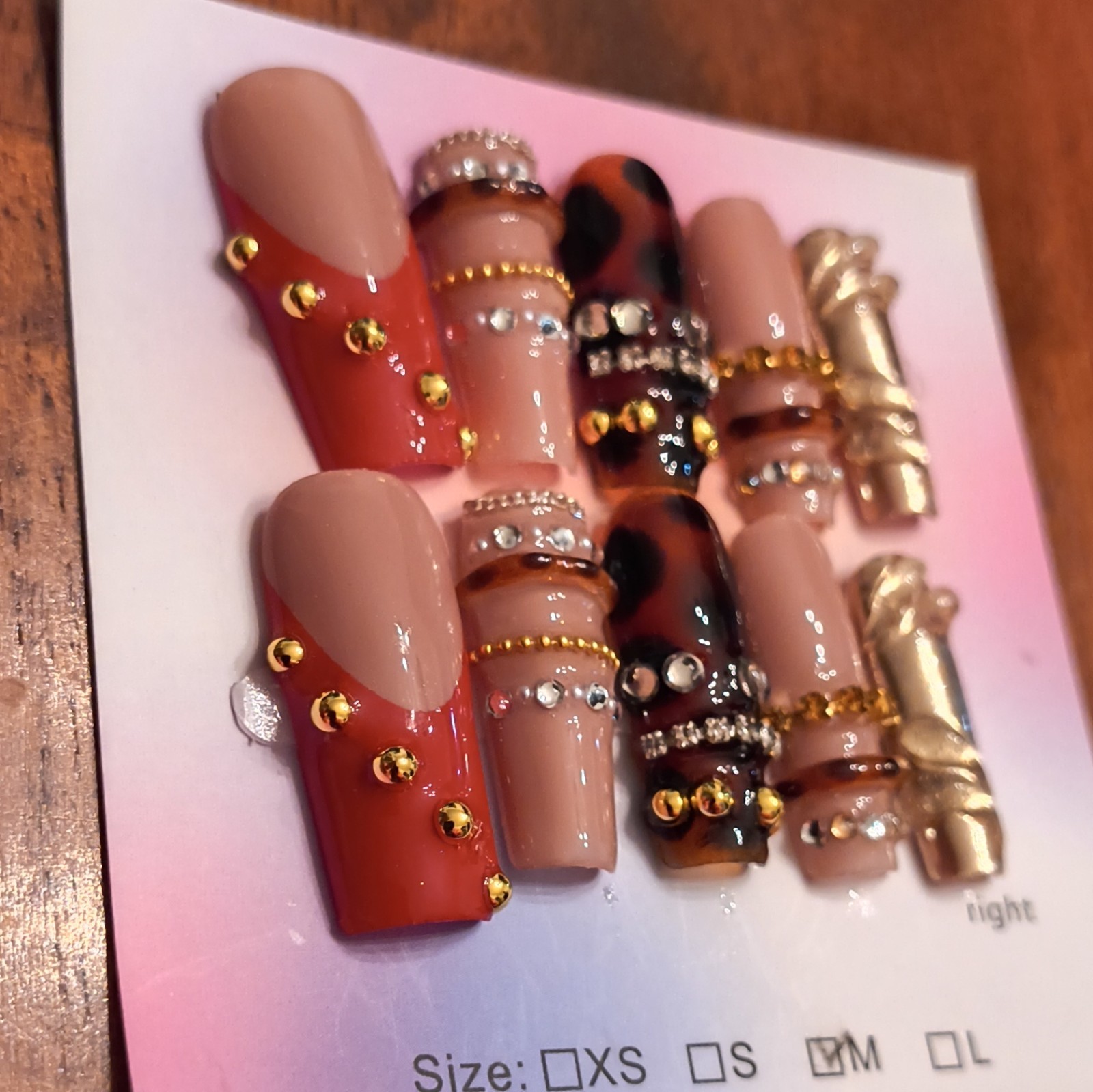 Press-On Nails Medium Coffin Nude Red Gold Brown Black 3D Animal Full Cover