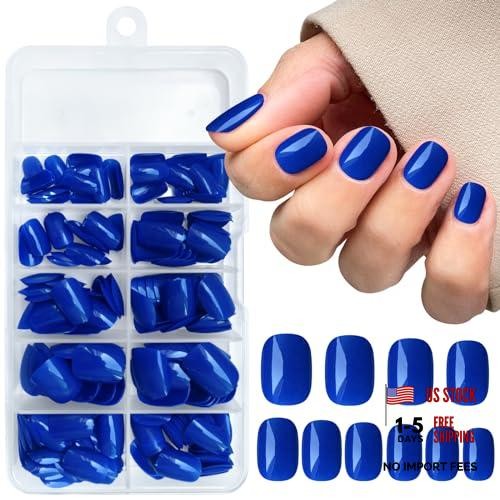 Short Press on Nails Square Round Short Fake Nails Glossy Full Royal Blue