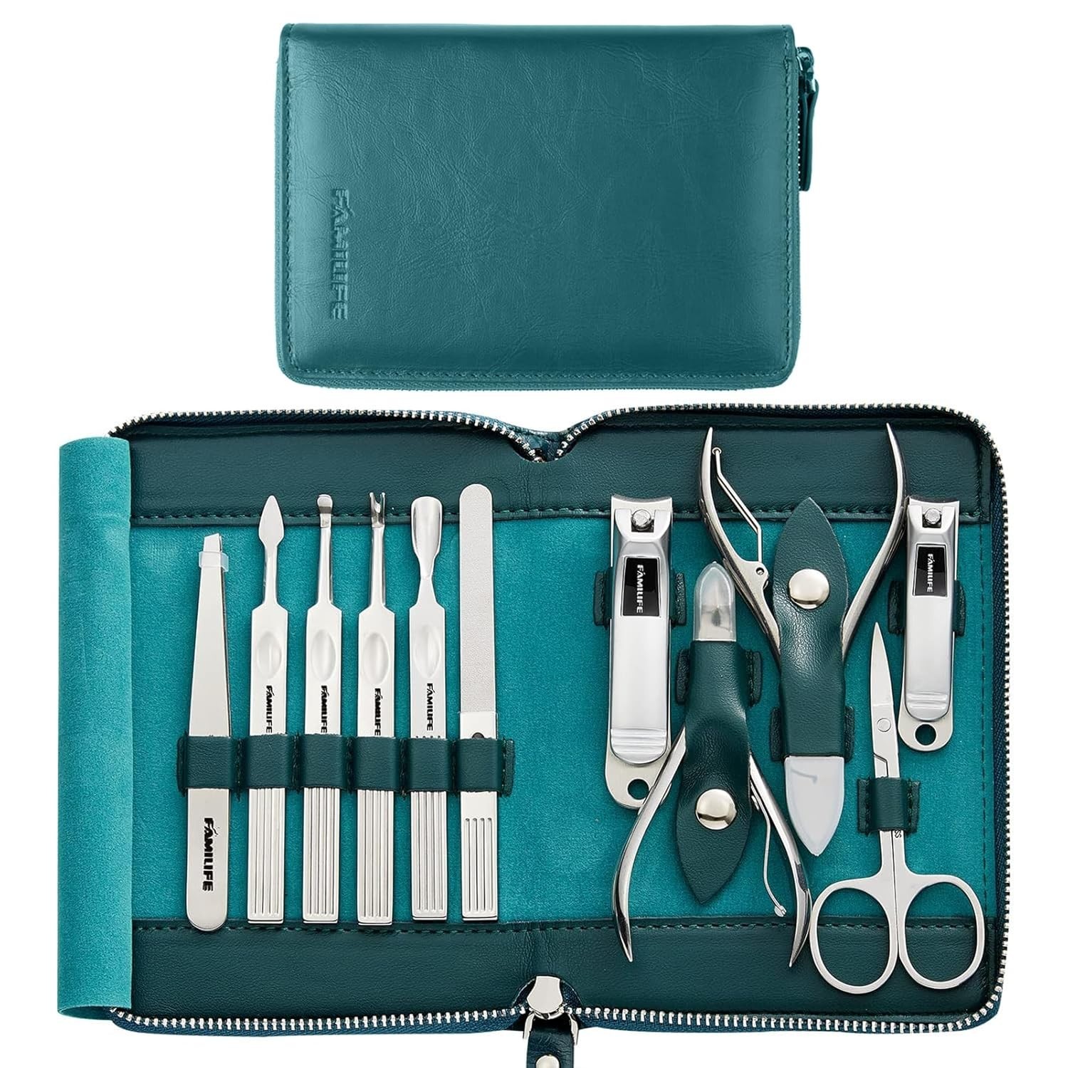 Stylish Blue Leather Manicure Kit – 11 Stainless Steel Tools for All Nail Types