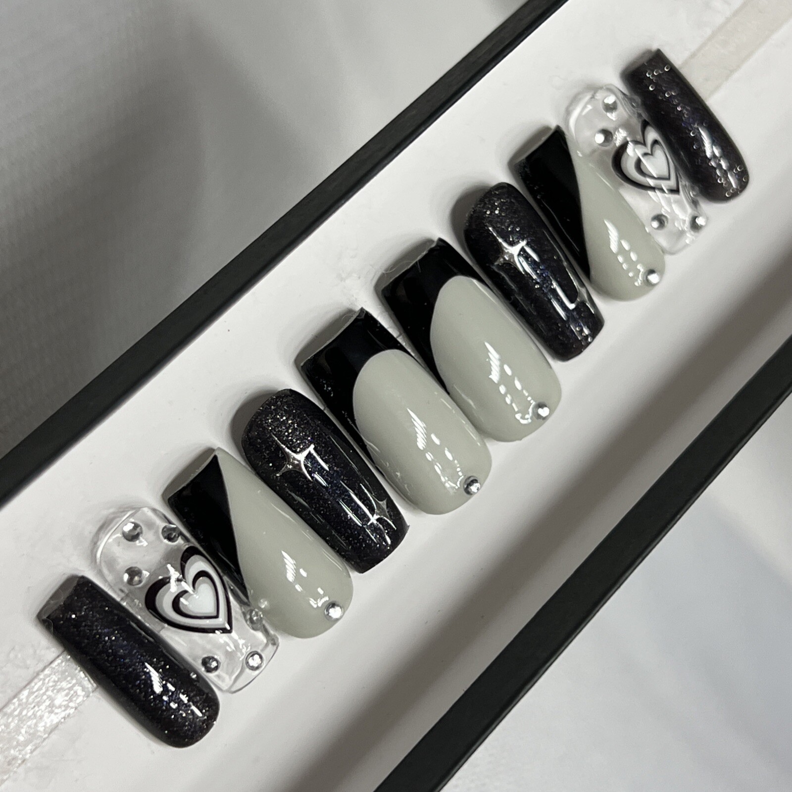 🤍 CUSTOM Hard Gel Press On Nails Black GREY HEART Bling 10p FULL SET SQUARE