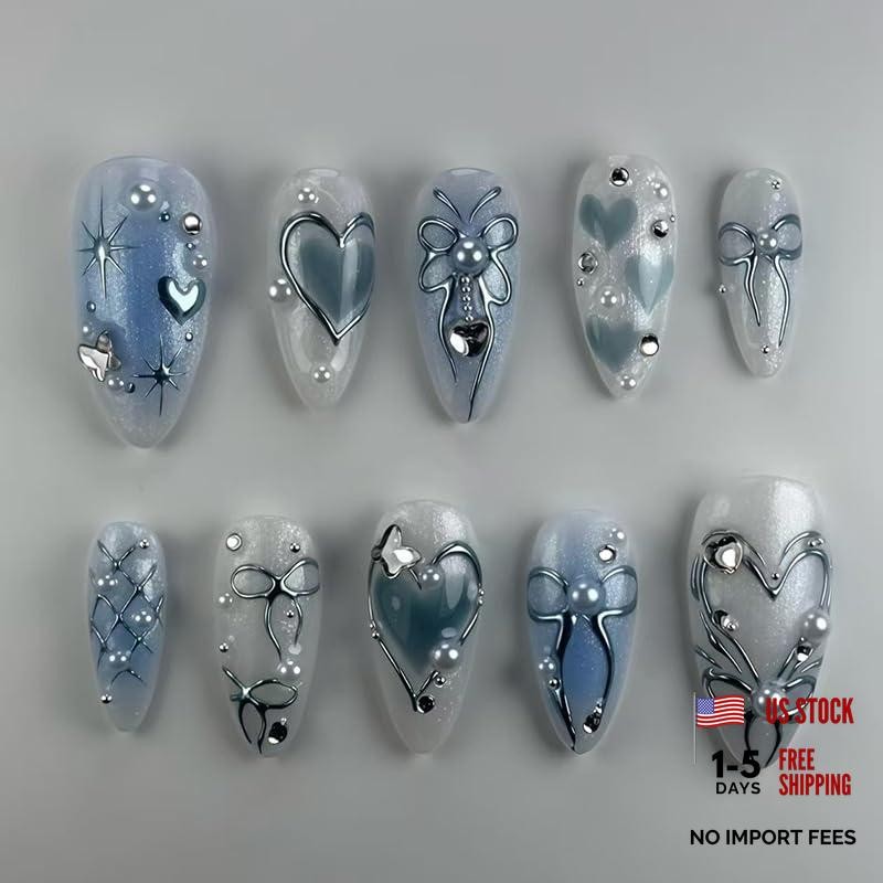 24Pcs Blue Ombre Press on Nails Medium Almond Fake Nails Heart Fake Nails – 33