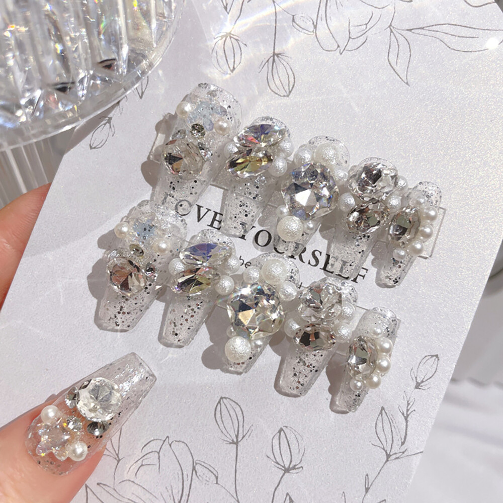Diamonds Press on Nail Pearl Glitter Sparkling False Nail Tips Sliver Nail Patch