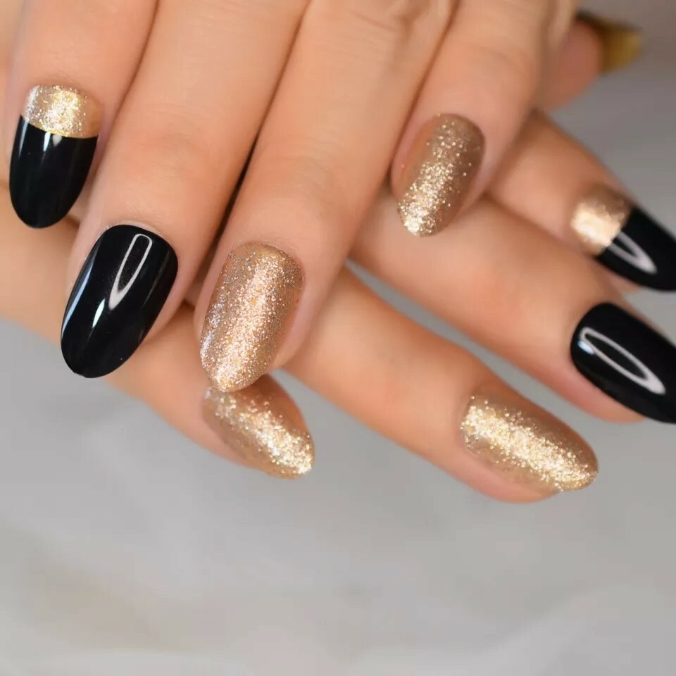 24 Black gold glitter Press On Nails w/ Glue oval medium short almond tip