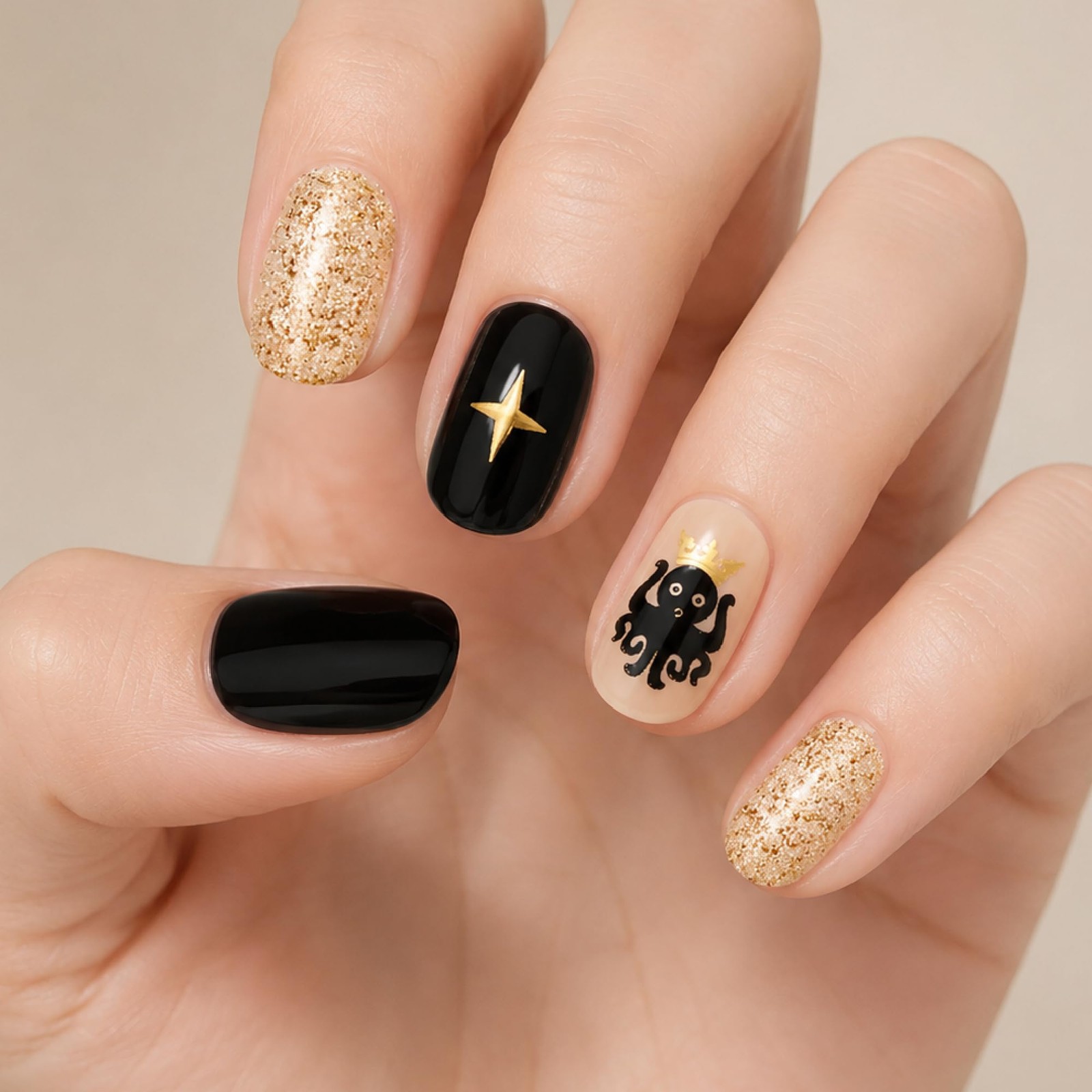 NEW YORK Press&Go Press-On Manicure Fake Nails, Gold Glitter Black French Tip…