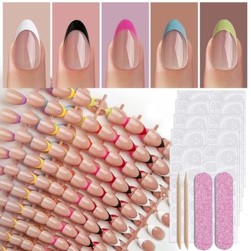 216 Pcs French Tip Press on Nails Meidum Medium Almond 9 Color French Tips