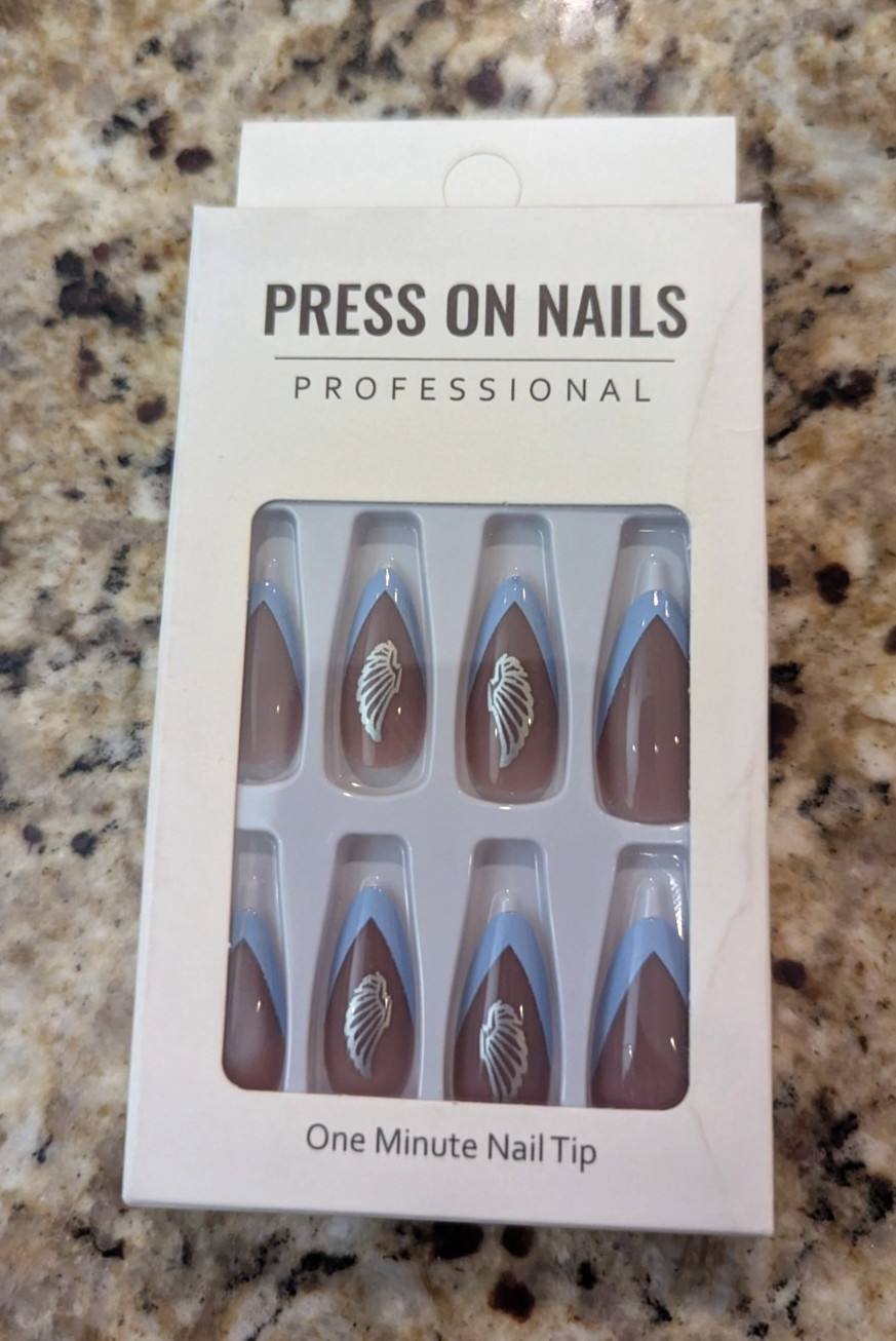 Press On Nails One Minute Nail Tip #408 Almond Brown Blue Tip Wing Design 24ct