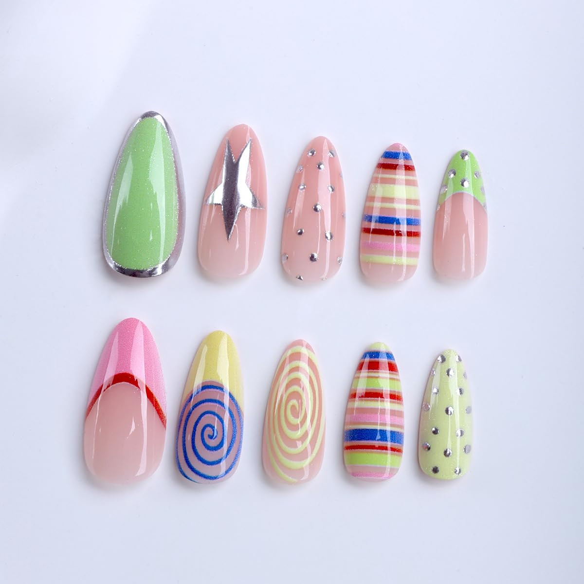Almond Press on Nails Colorful Fake Nails Medium Summer Y2K False Nails with Str