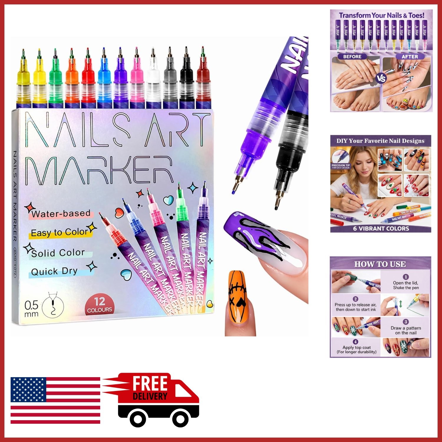 DIY Nail Art Pens Set 12 Colors with Fine Precision Tip for Detailed Designs