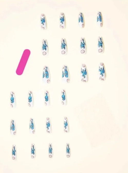 24 Pcs Press-On Nail Long Coffin Glossy – Pink & Blue COOKIES – Chocolate Chips