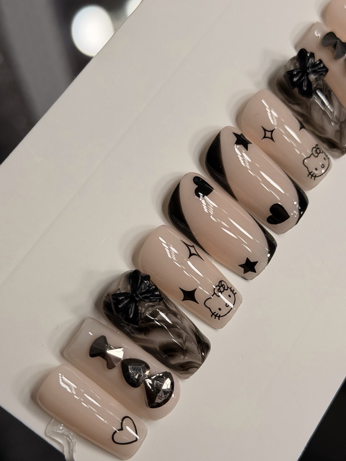✨ CUSTOM Press On Nails Nude BLACK HELLO KITTY BLING BOW 10p SET W Kit