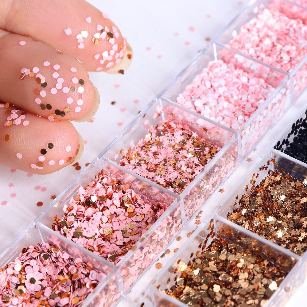 12 Grids Mixed Nail Glitter Flakes Heart Star Shape Sparkly Nail Art Decoration