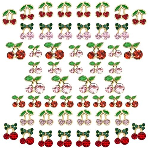 qiipii 52Pcs 4 Styles 3D Cherry Nail Charms 52pcs Multi Styles Golden Cherries