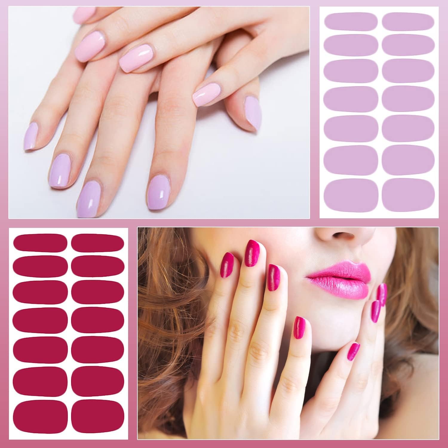 DANNEASY 16 Sheets Nail Wraps for Women Polish Strips Solid Pink, Red