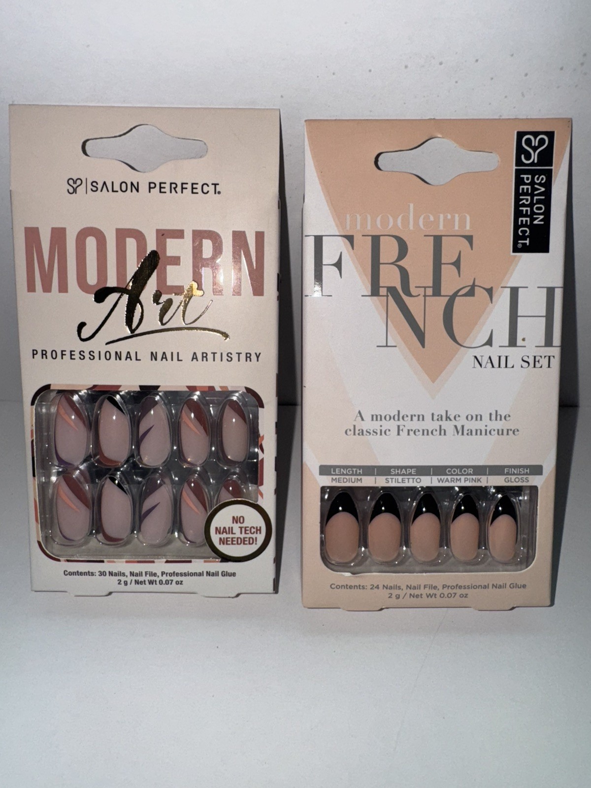 2 PACK Salon Perfect Nail Set Medium Stiletto French Black + Brown/Black Design