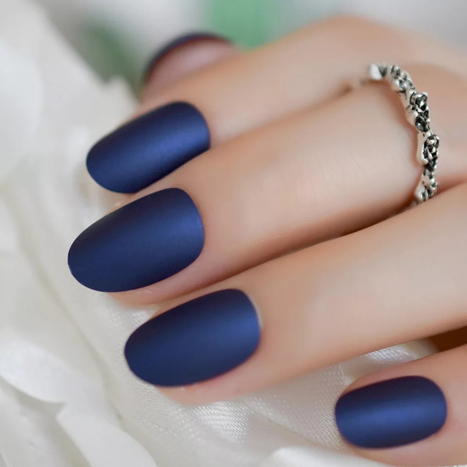 24 Short Press on nails kit w/ glue dark blue satin oval