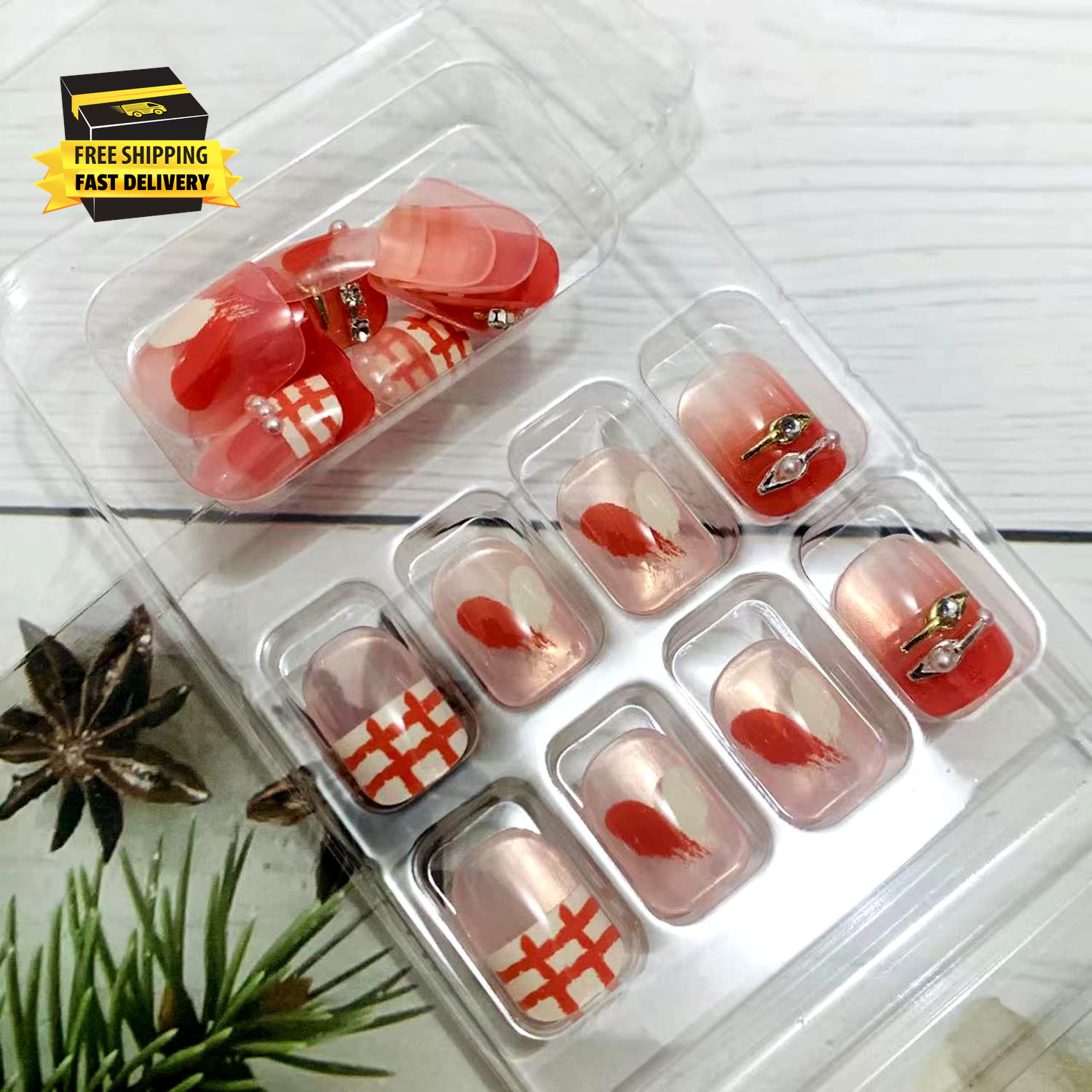 Rhinestone Artificial Fake Nails, 24Pcs Reusable Full Cover False Nails Kits for