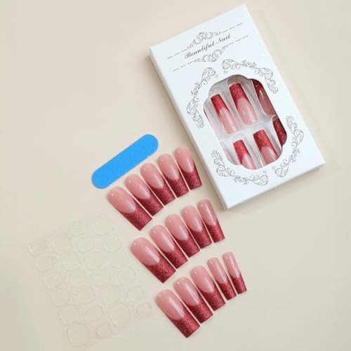Long Press On Nails Square Fake 24 Fl Oz (Pack of 1) Red Glitter FrenchL39