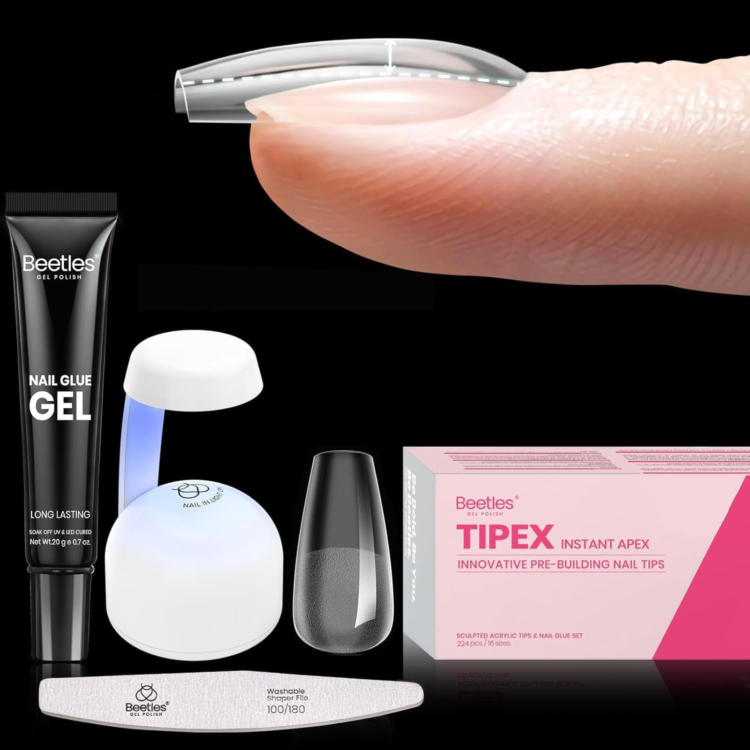 Tipex Instant Apex Nail Tips Kit, Short Coffin, 224Pcs 16 Sizes | No Builder Gel