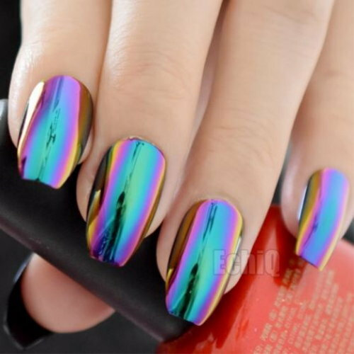 Rainbow Gradiant Metallic Nails-Nail Art-Fashion Nails-Oval Long Fingernails