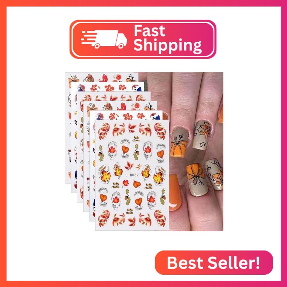 Fall Nail Art Stickers Decals Pumpkin Maple Leaf Nail Decals 6Pcs 3D Self-Adhesi
