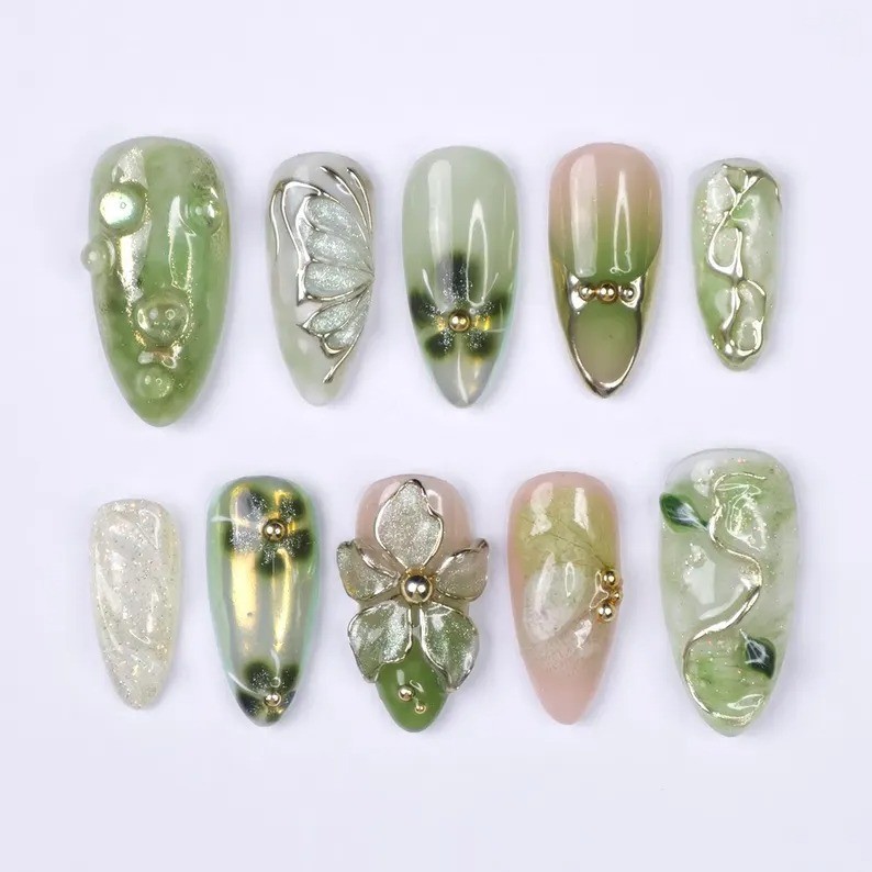 Green Butterfly Handmade Press-On Nails 3D Floral