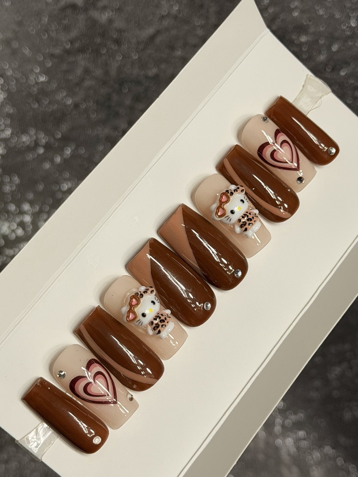 ✨ CUSTOM Press On Nails Brown Nude HELLO KITTY BLING 10p SET W Kit