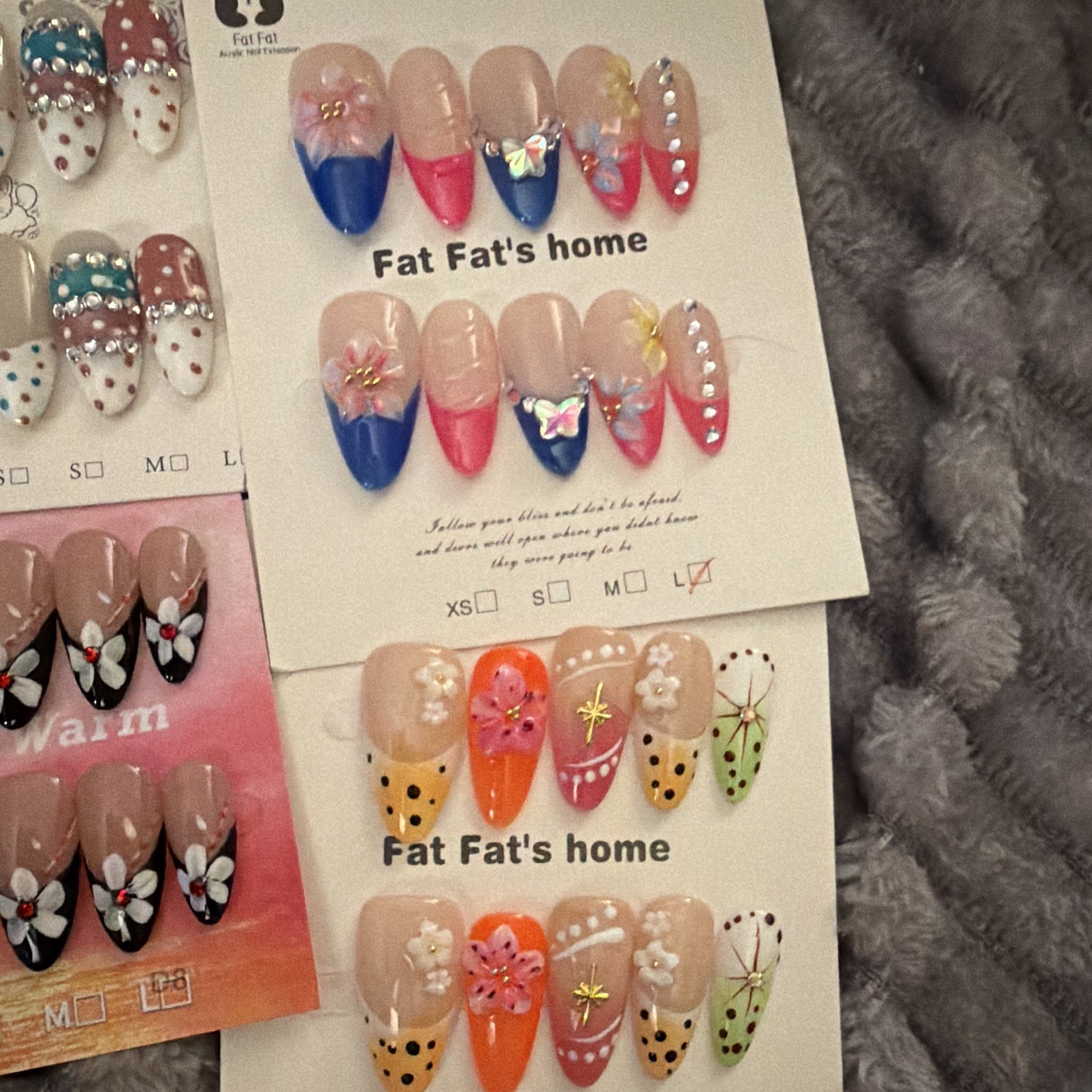Fat Fat’s home Press-On Nails Long Almond 3D Floral Multicolor Full Cover