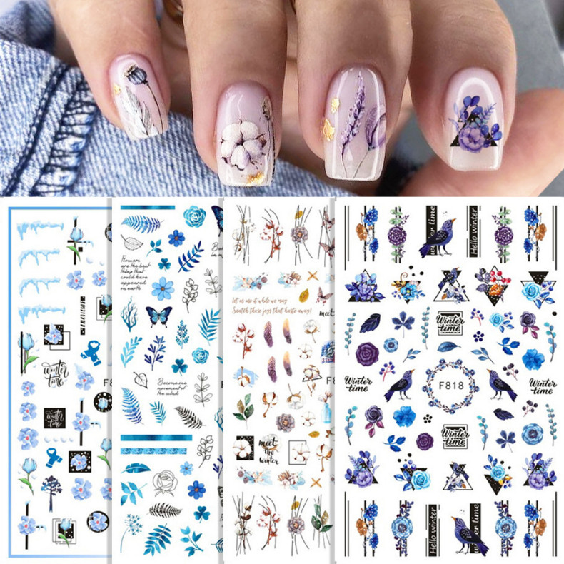 4Pcs 3D Nail Stickers Gel Polish Winter Time Geometric Lines Flower Slider NH21