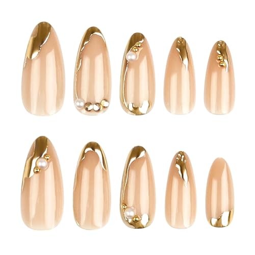 CTTHNBD Press on Nails Almond – French Tip Fake Nails with Gold Chrome Gold