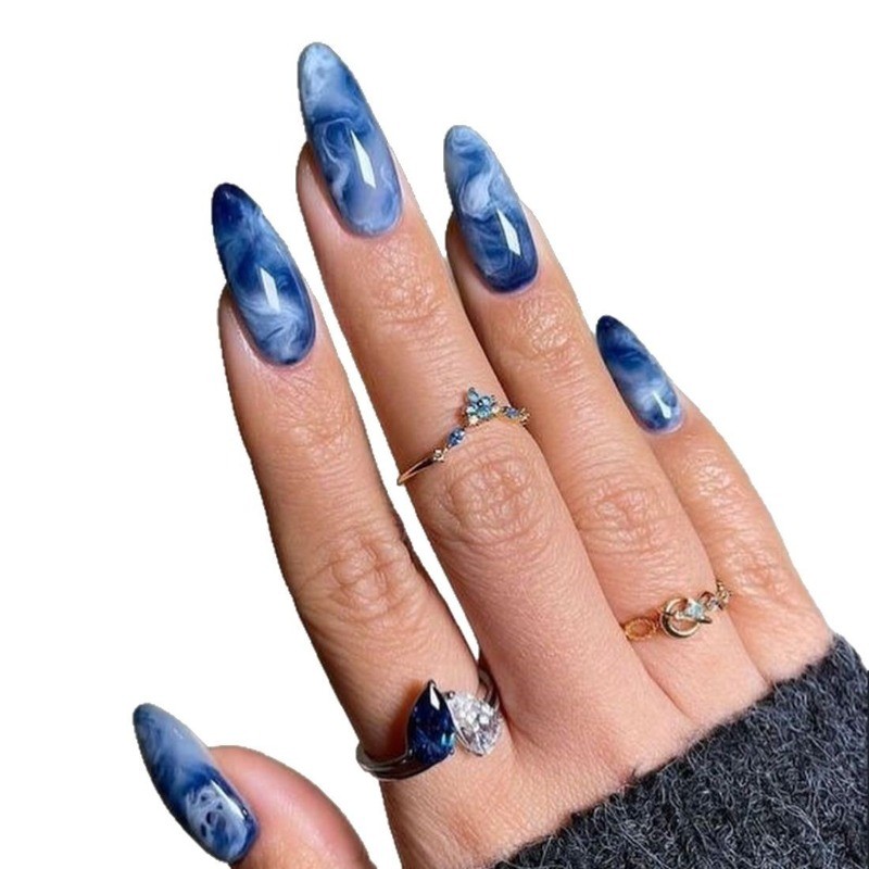 48pc Blue Press on Nails White Blended Marble Wearing Mid Long Press On Nails