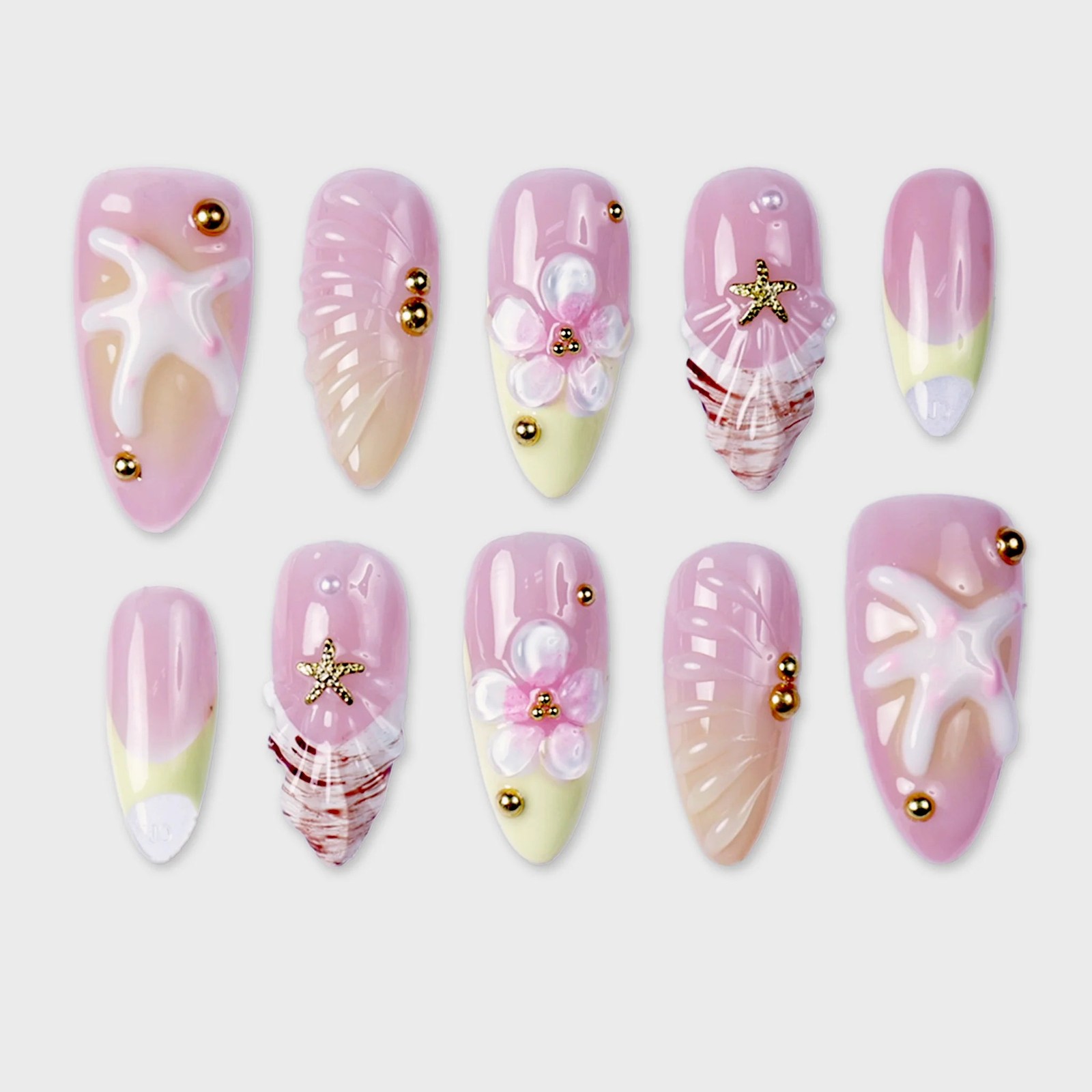 SIYOU Coral Shore Almond Pink, Yellow & Gold Press-On Nails 10pc