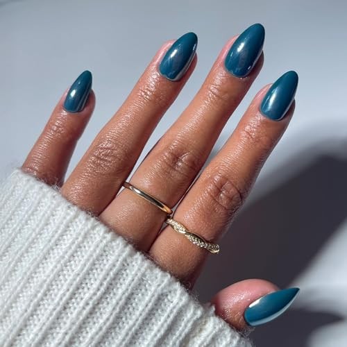 Press On Nails – Midnight Teal | Green Short Almond Fake Nails with