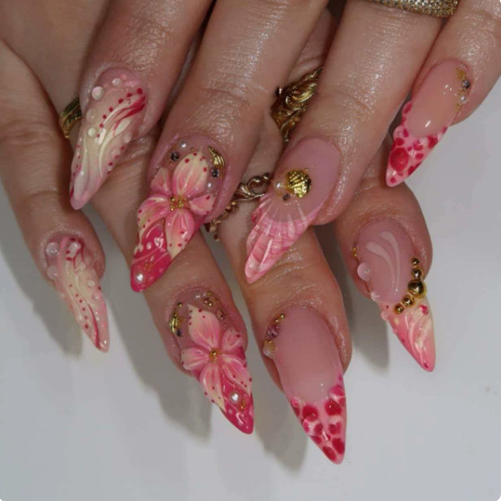 3D Flower Press on Nails Long Coffin Fake Nails Set Multi-Size XS/S/M 30Pcs