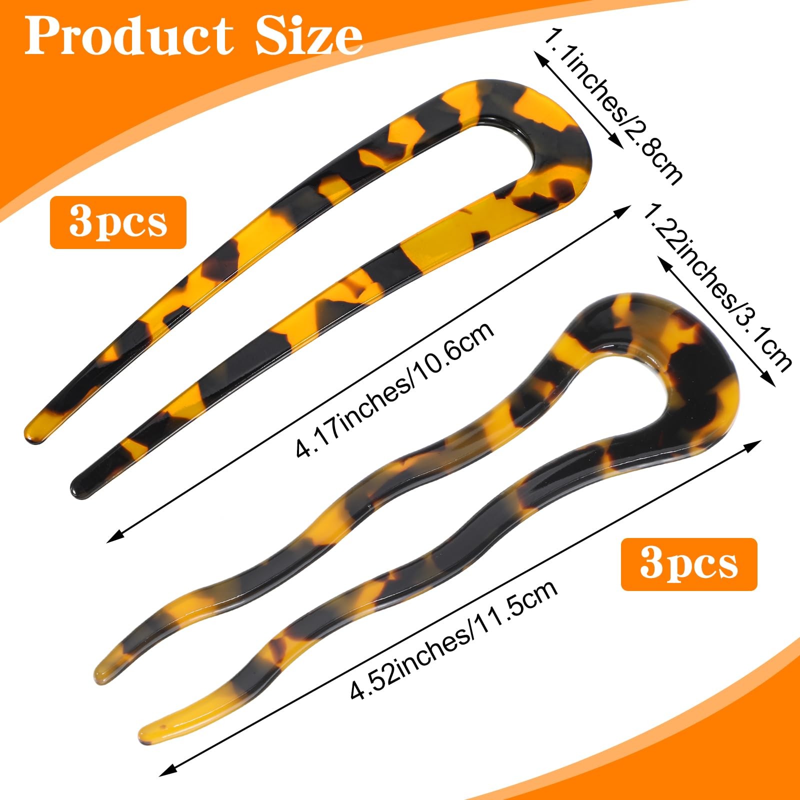 6 Pcs French Hair Pin Tortoise 4.52× 1.22 Inch, yellow, beige, tortoise shell