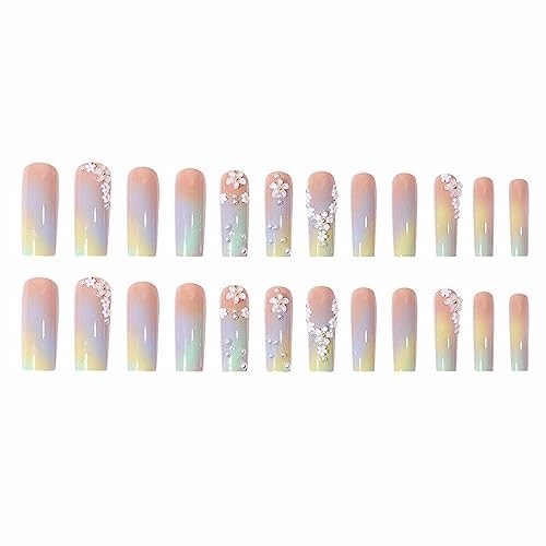 Press on Nails – Long Square Glue on Nails with Summer 020A03Multi-colored