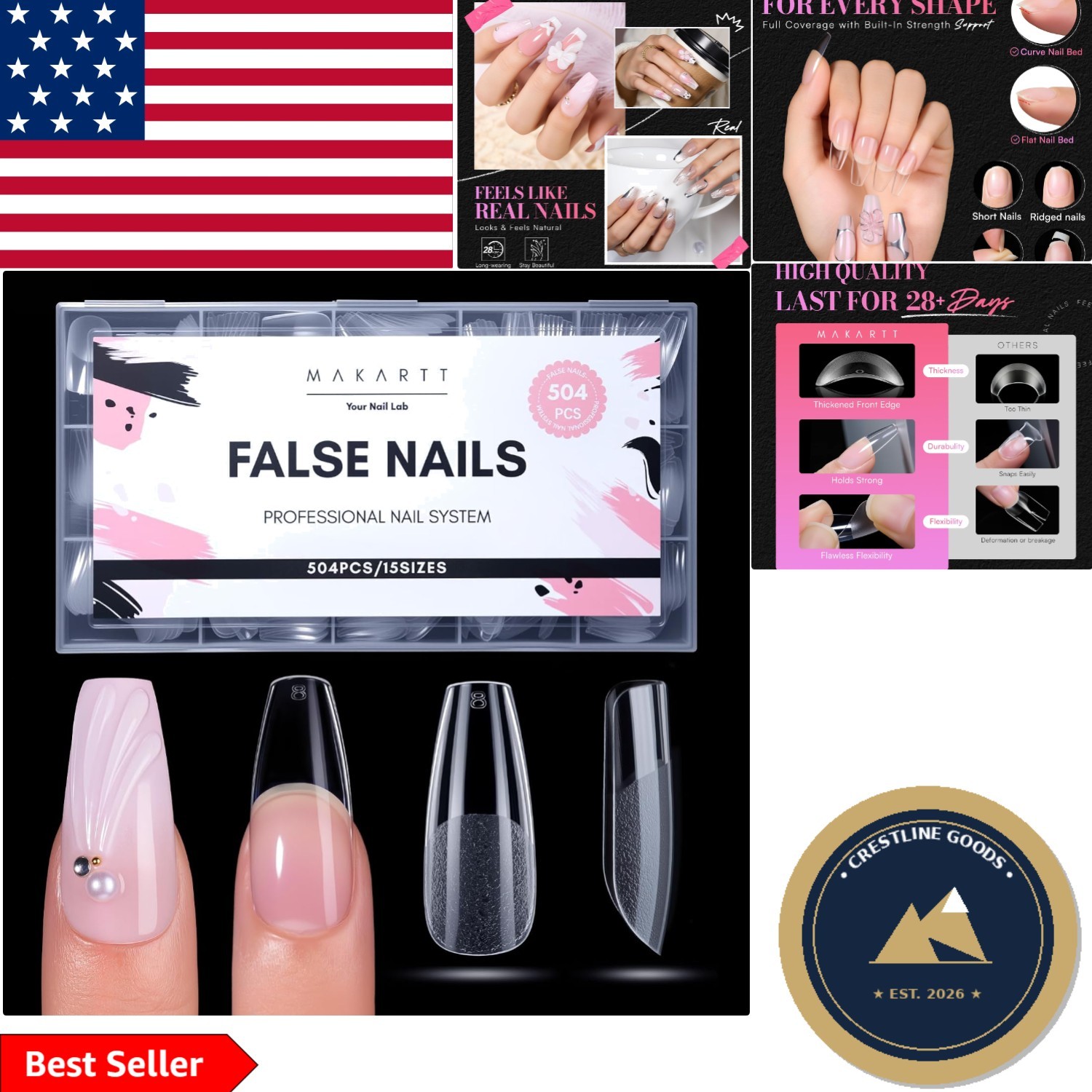 15 Sizes Medium Coffin Clear Nail Tips – Durable Half Matte Design, 504 PCS