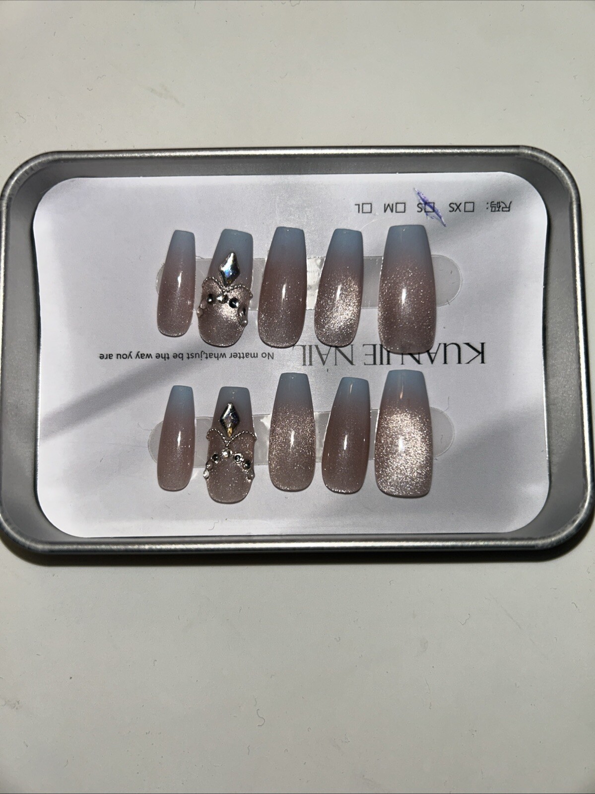 Luxury Glitter Press-On Nails with Rhinestone Design, Nude Blue Ombre- 10pcs Set