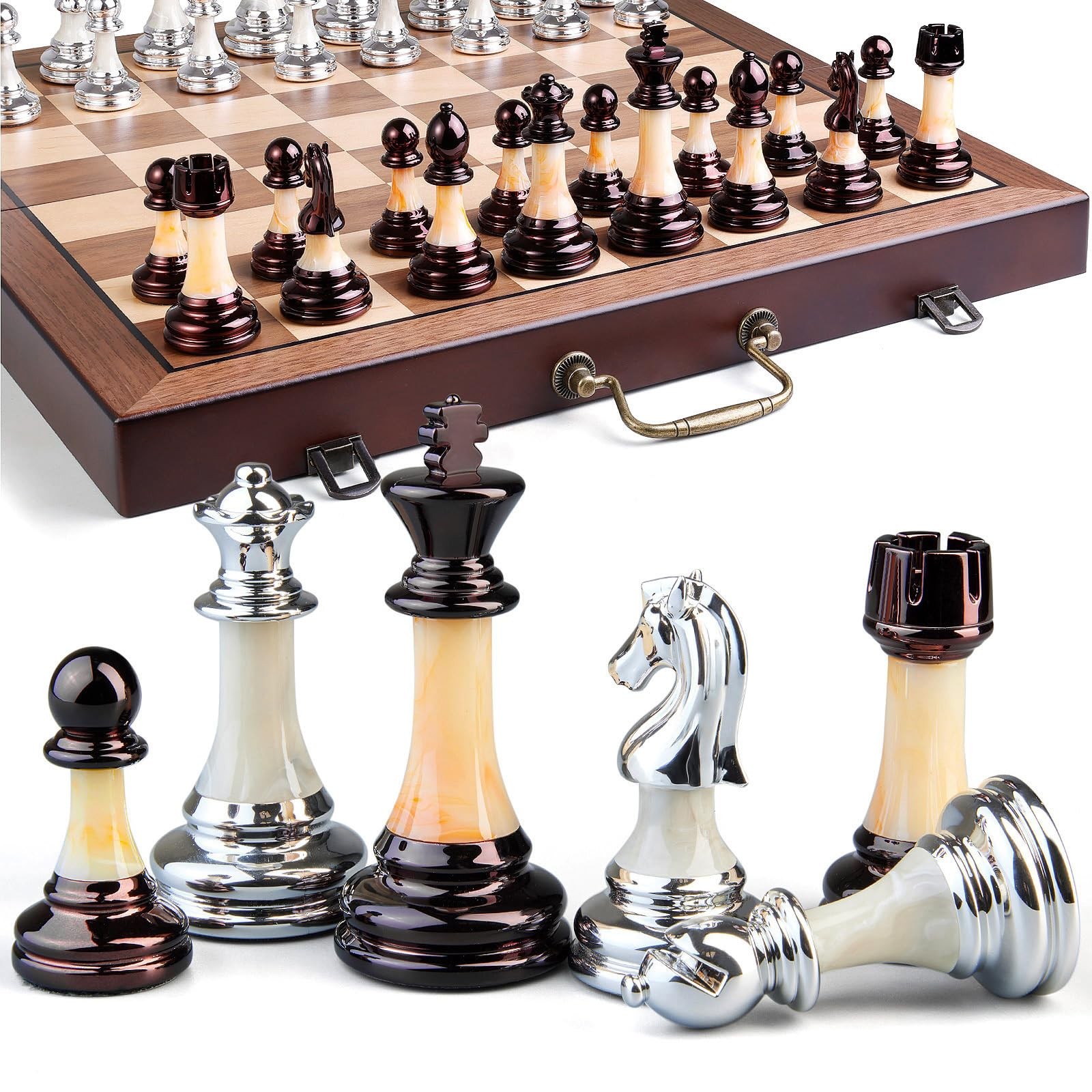Deluxe Chess Set 16.5” Wooden Large Folding 16.54*16.54*1.5 inches, Brown