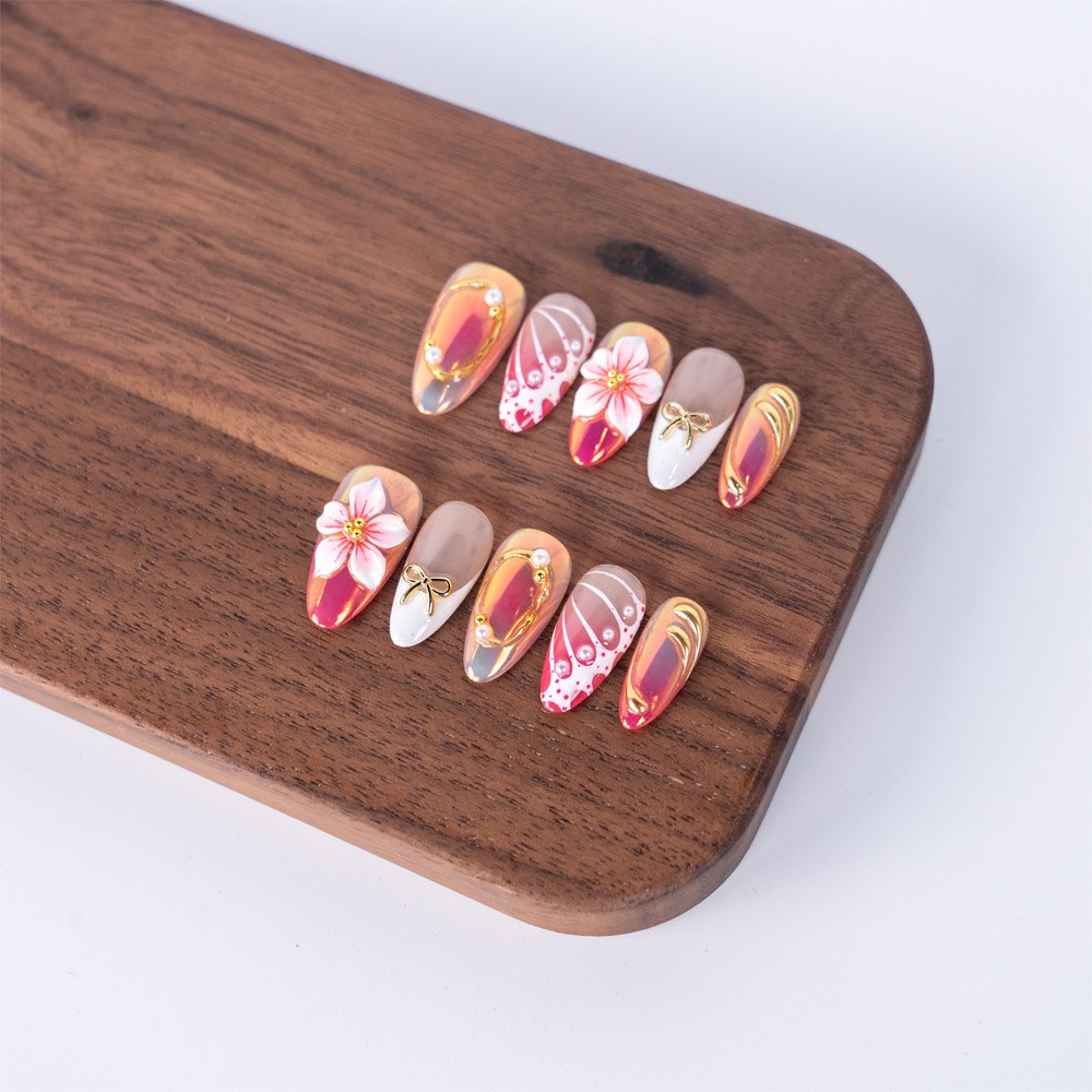 Handmade Press On Nails High Quality Pink Floral Gold Almond Fake Nails Gift