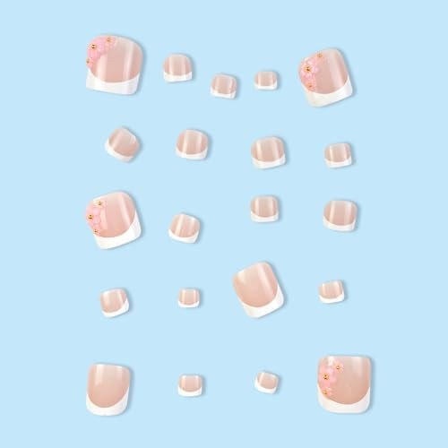 Pink Flower Press on Toenails White French Tips Fake Toe Nails Short Nude