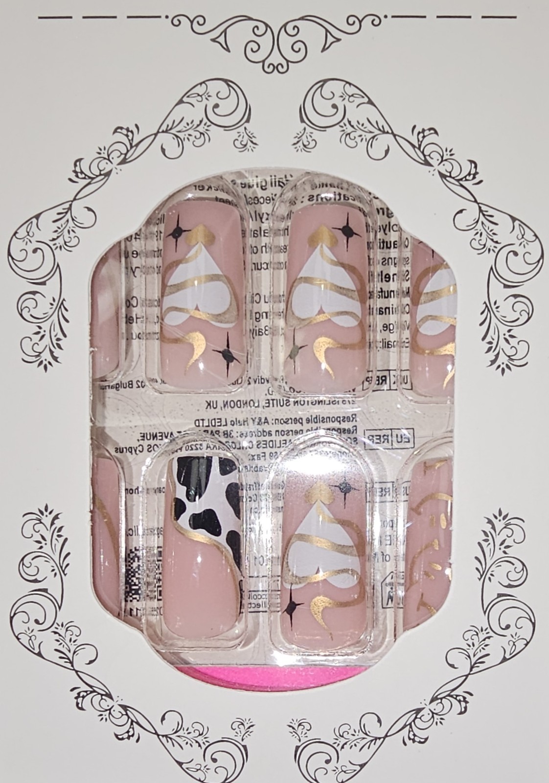 Press-On Nails Clear Animal Tips White Hearts Gold Scrollwork Long Coffin